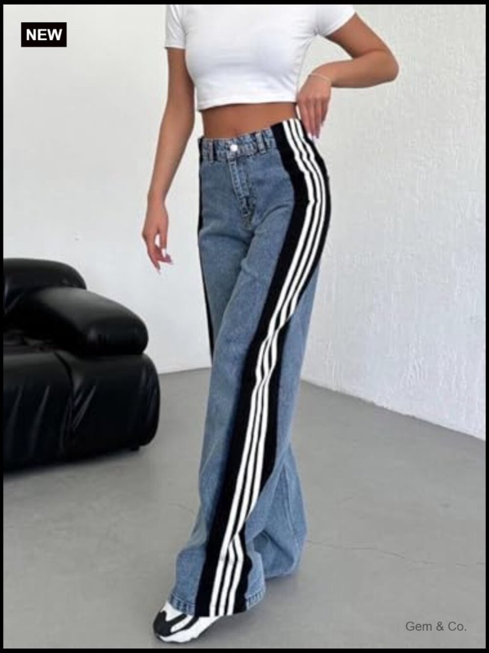Womens High Waisted Wide Leg Jeans with Patchwork Stripes Stretchy Denim - Picture 3 of 7